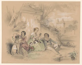 Three Children in a Castle Garden, Reading and Playing with Dogs