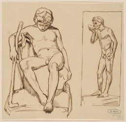 Sitting Nude with Stick and Standing Nude Drinking