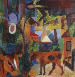 Landscape with Cows, Sailboat, and Figures