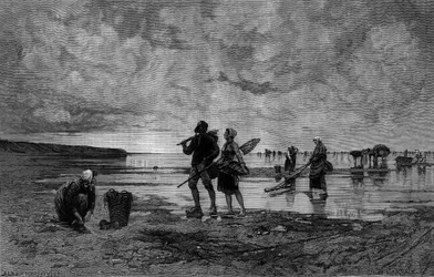 Great tide in the Channel: fishermen of shells on a beach - Engraving after the painting by Hagborg Auguste Wilhem Nikolaus