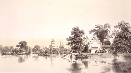 Temple, Pagoda and Village on the Macao-Canton Canal, Plate 22 from 