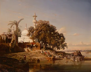 An Indian Mosque by a River with Pilgrims and an Elephant