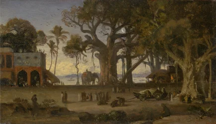 Moonlit Scene of Indian Figures and Elephants among Banyan Trees, Upper India (probably Lucknow)