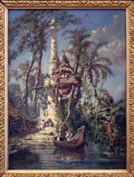 Observatory on the Banks of the Hoogly River (Bengal, India). Painting by Auguste Borget (1808-1877), Oil on Mahogany Wood