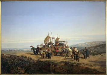 Travellers use a chariot with sails and shoot by men