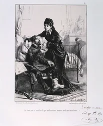 A woman feeding a wounded soldier soup, Siege of Paris, Franco-Prussian War