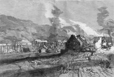 View of the ruins of Quebec City (Canada) after the fire of June 1881. Engraving by Lepere in 