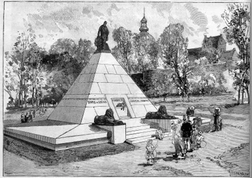 View of the monument to the memory of the French Egyptologist Auguste-Edouard Mariette (1821-1881) in Boulogne-sur-Mer (engraving by Lepere in Le Monde Illustré)