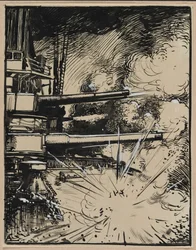 Bomb Exploding on an Armored Ship with Cannons Aimed