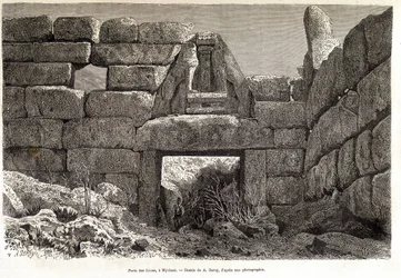 Gate of the Lions in Mycenae - drawing by A. Deroy, in Round the World 1877 2nd semester