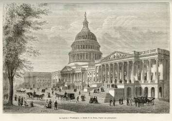 The Capitol, seat of the legislature, built between 1793 and 1830, in Washington (District of Columbia), the capital of the United States. Engraving after A.Deroy
