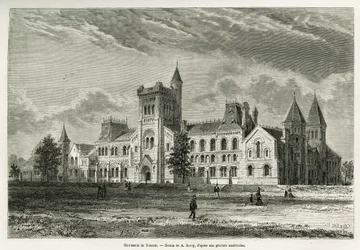 The University of Toronto, Drawing by A.Deroy, to Illustrate the Story of an Excursion to Canada and the Northern Red River in 1873 by H. de Lamotte. Engraving in 