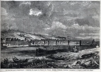 The new Bridge at Argenteuil. Junction of the North and West lines. Ermont section (tubular system). Engraving after sketch by Ralph in 
