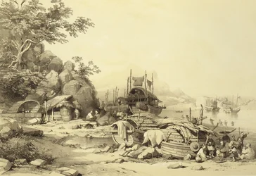 House Boats on the Bay of Cowloon, plate 6 from Sketches of China, engraved by Eugene Ciceri, 1842