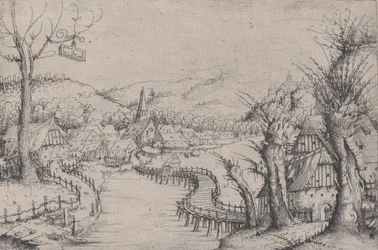 River Landscape with Three Bare Willow-Trees at Right and a Long Winding Wooden Bridge, 1546