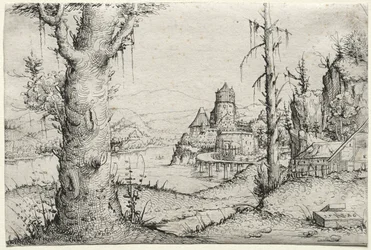 River landscape with large tree at left