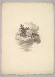 Vignette with Coin on a Cloud with Roses to the Left and Doves Below and to the Right
