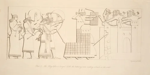 The King before a besieged Castle, the battering ram making a breach in the walls, from Monuments of Nineveh