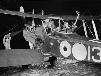 Lieutenant Stanley George Brearley, pilot, and Lieutenant Robert Harold Taylor, observer, of No. 69 Squadron (Australian), Royal Flying Corps, starting out for a night bombing operation