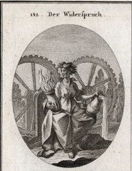 Allegory of annoyance. His suit is split in half. She holds a vessel of water and a vessel of fire. The two wheels with teeth move in opposite directions. Engraving in 
