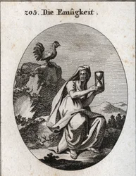 Allegory of attendance. She holds a sand clock (hourglass) and sits at the foot of a rock surrounded by an ivy plant. The rooster is its attribute because attendance does not exist without vigilance. Engraving in 