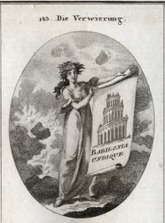 Allegory of confusion holding a drawing representing the Tower of Babel with the word 
