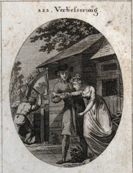 Allegory of correction. Expression: At the mill and has a young bride, there is always something to do again. Engraving in 