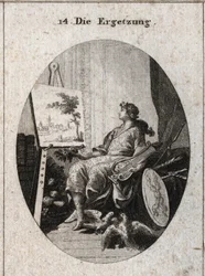 Allegory of delectation represented by a young man holding a lyre near a painting with fruits, books, weapons and two doves that caress each other, all symbolizing the charm of the senses. Engraving in 