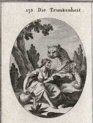 Allegory of drunkenness. She holds a jug and a cup full of wine that she leaves. Its symbol is a panther symbol of the fury of drunkenness. Engraving in 