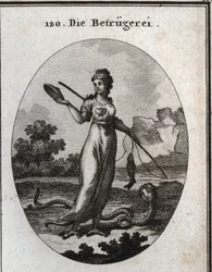 Allegory of fraud represented with a double heart and holding a mask. She holds a fishing rod on which a fish has bitten. Her legs end in vulture claws, and she has a scorpion tail. Her attribute is a snake with a human face. Engraving in "Iconologie oder