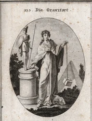 Allegory of Gravity. The Gold Chain to Which a Paper Is Attached Symbolizes Trust. The Column and Statue Mean the Conservation of Glorious Actions and the Stone Denotes the Weighting. Engraving in 