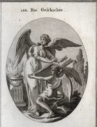 Allegory of history. His actions of listening and writing on a great book supported by time means the action of being informed to retranscribe the memory of past things. Engraving in 