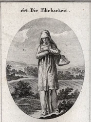 Allegory of honesty. Her eyes are covered by a veil that hides half her face because the eyes are the mirror of the soul and the first sense by which she corrupts herself. Engraving in “Iconologie oder Ideen aus dem Gebiete der Leidenschaften und Allegor
