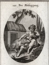Allegory of Idleness Represented by a Half Asleep Woman Who Scratches Her Head with One Hand and Rests with the Other on a Pig Sleeping on Her Knees. Engraving in 