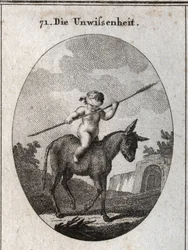 Allegory of ignorance represented by a child riding on a donkey, his eyes stripped with a reed cane (symbolizing the empty brain). Engraving in 