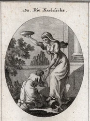 Allegory of indulgence. She trooped under her feet the bundles and the axe that the lictors carried among the Romans. She holds a raised coat and presents her hand to a slave prostrates her feet. Engraving in 