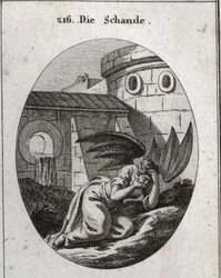 Allegory of Infamy Covering the Face with Hands and Its Attributes Are Two Large Black Wings of Bat. Engraving in 