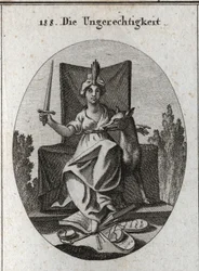 Allegory of injustice. She holds a sword that she raises and crushes at her feet the tables of divine laws and the book of human voices and the scales of justice that are broken. The wolf is the symbol of cruelty, rapine, and greed. Engraving in 