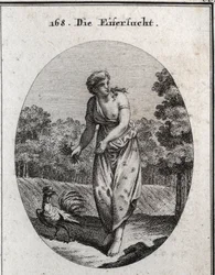 Allegory of jealousy stretching the ear on one side and watching what happens on the other. Her dress is dotted with eyes and ears and the bouquet of thorns she holds shows that her torment is voluntary. The rooster, jealous and vigilant, is her symbol.