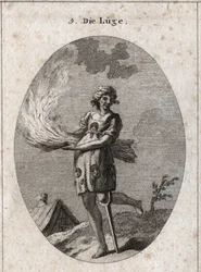 Allegory of lying represented by ugly, bad hair and bad clothes. Her clothing is filled with tongues and masks. The burning straw illustrates the lack of substance of her words and the wooden leg, the little solidity. Engraving in 