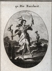 Allegory of madness. The bear skin coat desires madness that carries anger, the action of dancing emphasizes those who wear to gaiety. The vane on his head marks the instability of fantasies. It contrasts the light of a candle with the light rays of the su