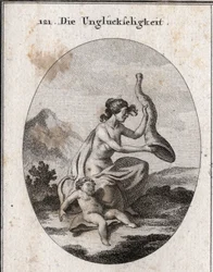 Allegory of misfortune represented meager and extensive. Her attributes are a horn of abundance which she shakes and is empty, and a child perishing with starvation. Engraving in 