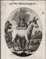 Allegory of obstinacy leaning on a mule. The donkey ears on her head are the emblem of ignorance and stubbornness. The steam around her head means that her intelligence is darkened. Engraving in "Iconologie oder Ideen aus dem Gebiete der Leidenschaften