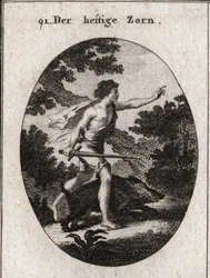 Allegory of Passion or Impetuosity represented by a teenager with a sword to mark that he follows anger. Its attribute is an irritating boar, an animal that always fights without regard to peril. Engraving in 