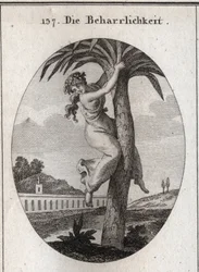Allegory of perseverance. The palm tree, to which a young girl is attached, is the symbol of virtue. She looks at the earth with disdain. Engraving in 