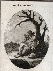 Allegory of Poverty Sitting at the Foot of a Dry Tree Growing in Arid Terrain. Her Feet and Hands Are Tied and She Tries to Undo Her Ties with Her Teeth; Engraving in 
