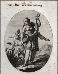 Allegory of prodigality depicted with a blindfold and shaking a horn of abundance from where silver and jewelry fall which harpies greedily take. Engraving in 