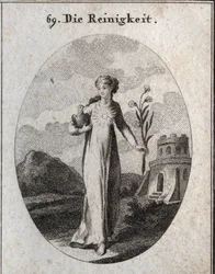 Allegory of purity. His attributes are the dove and the lily, symbols of candor. Engraving in 