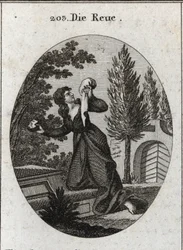 Allegory of Regret Represented with a Knee on a Tomb. She Holds with One Hand a Handkerchief and on the Other a Stone Whose Chest She Strikes. Engraving in 