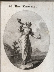 Allegory of Reprimand. She Learns to Sound a Book Connet That Emphasizes the Unsightly Sound of Reprehensive Words Manipulated with Caution, as Shown by the Human Language Held in the Other Hand. Engraving in 